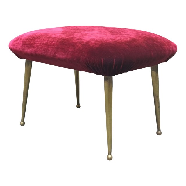 Red Fabric Stool with Brass Legs, Italy, 1950s For Sale
