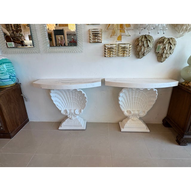Grosfeld House Seashell Shell Scalloped Pair Demi Lune Wall Console Table Marble For Sale - Image 14 of 18