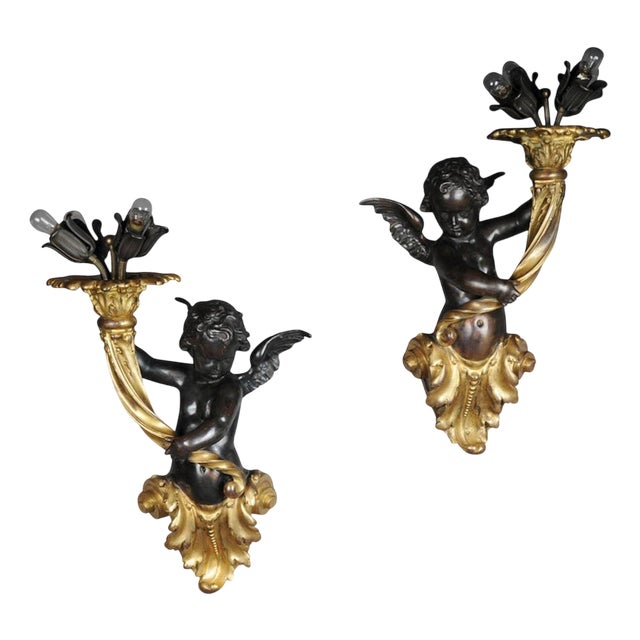 Putti Wall Lights in Bronze Gilded, 1870, Set of 2 For Sale