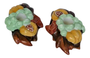 Fulper Potteries Arts and Crafts 1950s Ceramic Candleholders with Fruit Design - a Pair