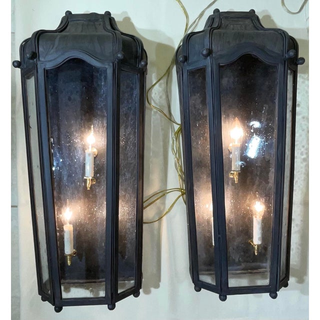 Metal Large Exceptional Pair of Hand-Forged Iron Wall Lanterns Architectural Sconces For Sale - Image 7 of 17