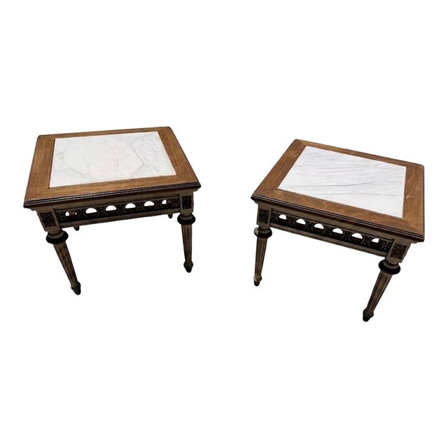 A Pair of Mid Century French-Style Mahogany and Marble-Topped End Tables For Sale