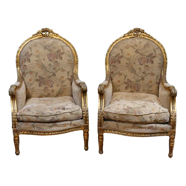 French Louis XVI Giltwood Bergere Armchairs, Set of 2 For Sale