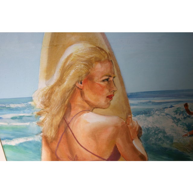 1960s Watercolor - Surfer Girl - Beach Scene For Sale - Image 4 of 8