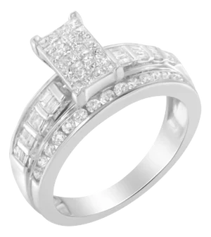 14K White Gold 1.0 Cttw Mixed-Cut Diamond Rectangle Invisible-Set Composite Cluster Ring with Bar- and Channel-Set Band - Size 7