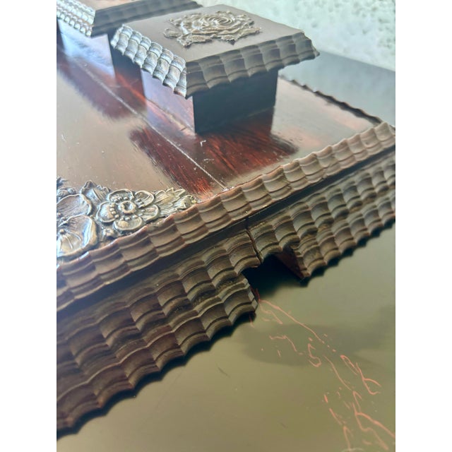 Brown Antique Rosewood Desk Stand Inkwell Set Silver Mounted Writing Stand For Sale - Image 8 of 12