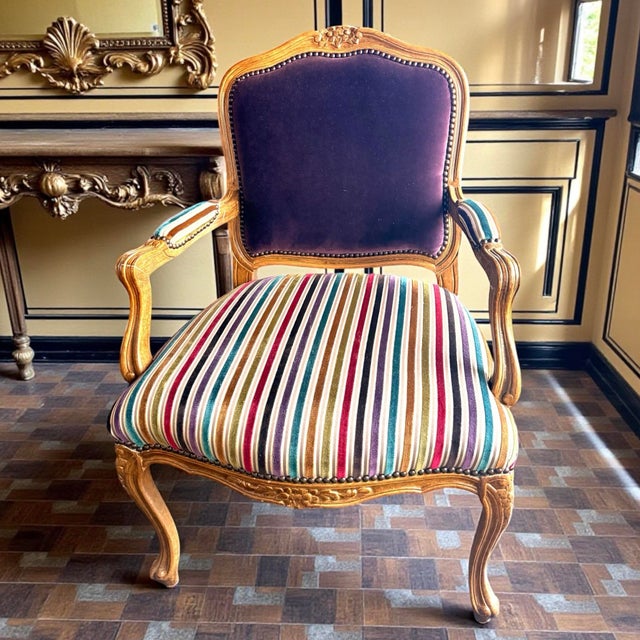 Custom Vintage Jewel Stripe Abergine French Imprt Velvet Silk Fabric Accent Chair For Sale - Image 11 of 11