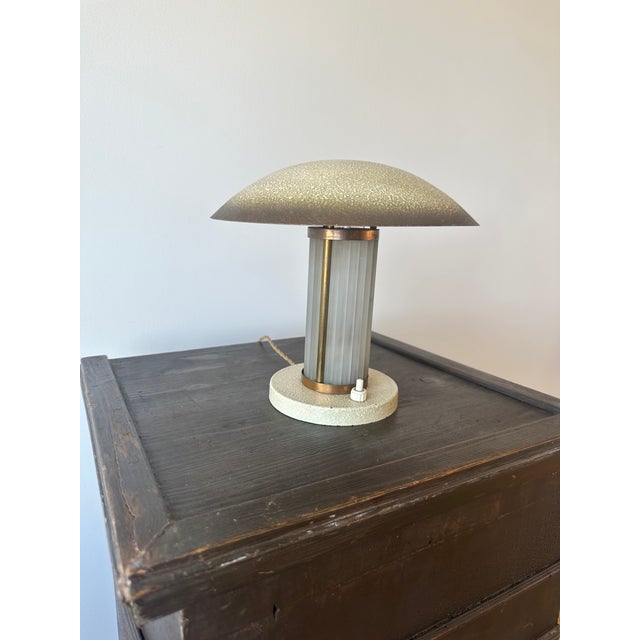 Rare French Art Deco brass and glass table lamp circa 1920-30 Original off-white/cream painted textured base and shade...