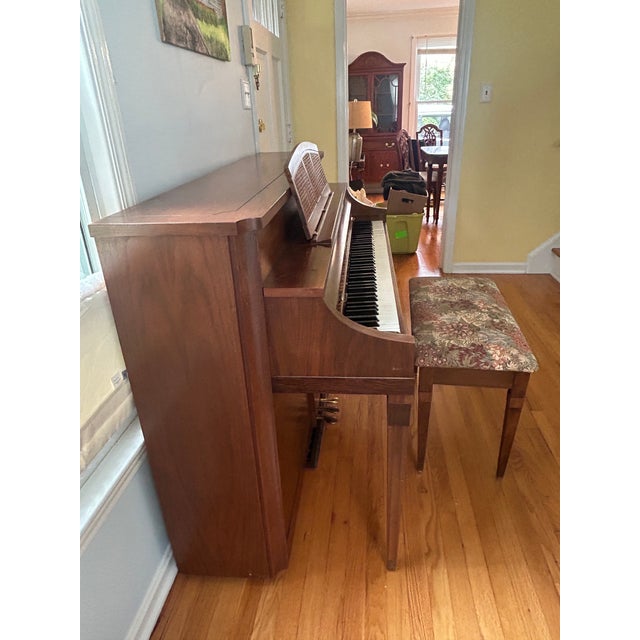 Vintage Baldwin Walnut Upright Piano With Cane Music Rack & Floral Bench Included For Sale - Image 10 of 11