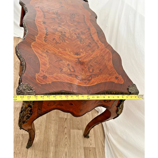 Antique French Desk Three Dovetail Drawers Brass Ormolu Hand Cut Floral Inlays For Sale - Image 11 of 13