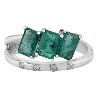 925 Silver Three-Stone Emerald Ring With Diamond Accents, Size 7 For Sale