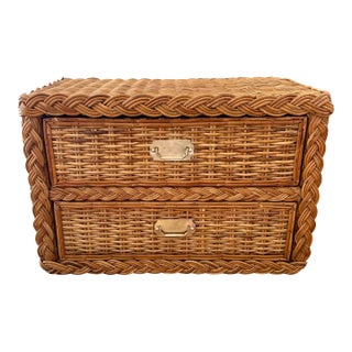 1980s Braided Rattan Nightstand With Brass Hardware For Sale