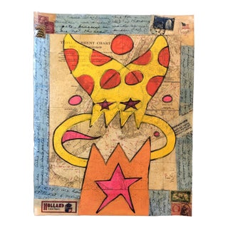 Original Vintage Abstract Wayne Cunningham Goliath Over Ny Harbor Map Collage/Painting For Sale