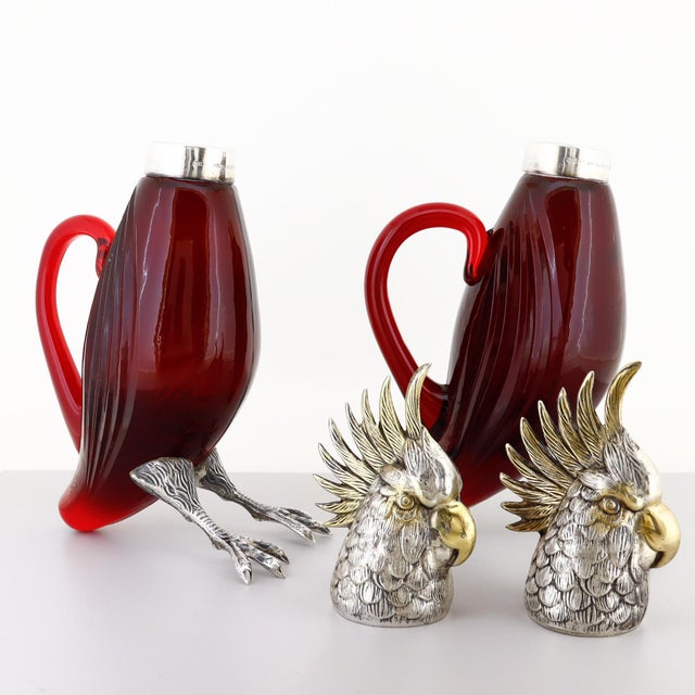 Pair Cartier Sterling Silver & Ruby Red Cut Glass Oil & Vinegar Cruet Decanters For Sale - Image 10 of 18