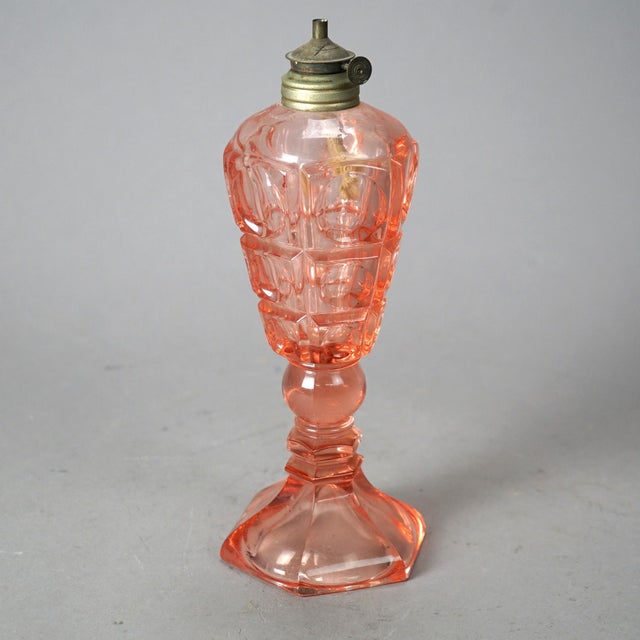 Mid-Century Modern Antique Pink Coinspot Pressed Glass Oil Lamp Circa 1840 For Sale - Image 3 of 10