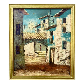Vintage Mid-Century Palette Knife Oil Painting, Mediterranean Village Street With Archway, Signed, Gold Frame For Sale