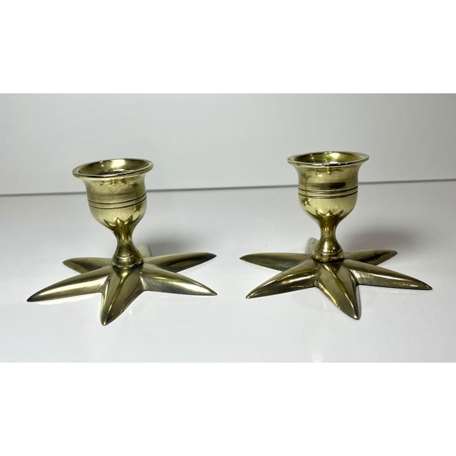 Mid-Century Modern Pair of Vintage Brass Star Base Candlestick Holders For Sale - Image 3 of 4