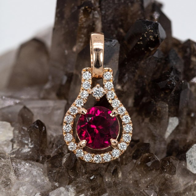 2020s Dainty Rubellite Tourmaline & Natural Diamond Halo Pendant: Solid 14k Gold, 6mm For Sale - Image 5 of 8