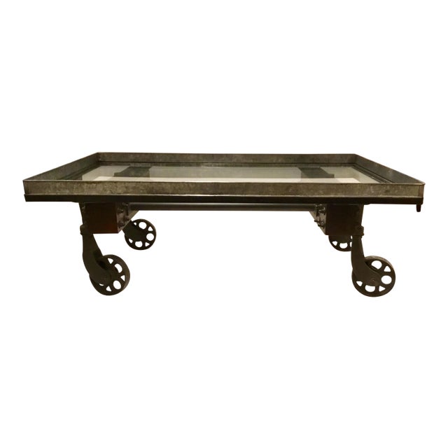 Industrial Modern Cocktail Table on Wheels For Sale