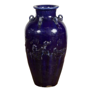 Large Antique 19th Century Thai Cobalt Blue Martaban Jar with Raised Motifs