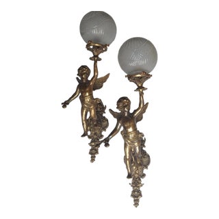 Pair of Vintage Art Nouveau Deco Cherub Wall Sconces in Brass & Glass For Sale