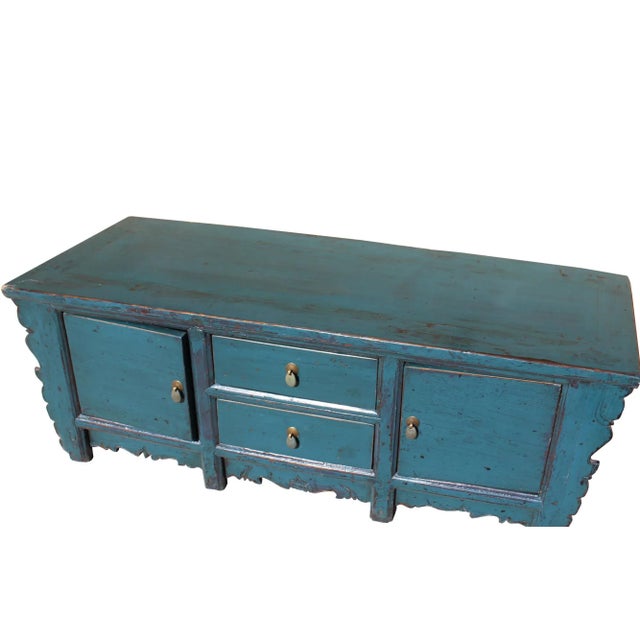 Wood Oriental Distressed Rustic Teal Blue Lacquer Low Console Table Cabinet For Sale - Image 7 of 8