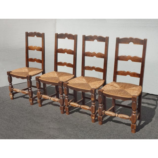 Gorgeous Chairs in Good Vintage Condition. Solid and Firm. The rush seats are beginning to dry out. They can still be used...