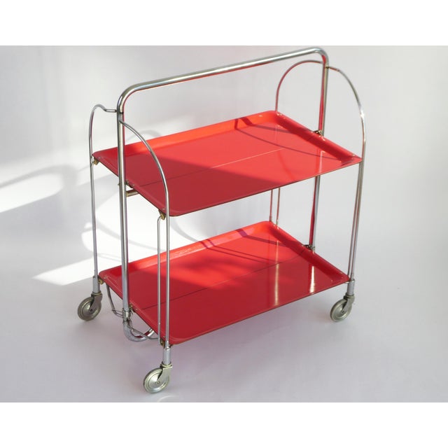 Mid-Century Modern Red Foldable Bar Cart with Chrome Metal, 1960s For Sale - Image 9 of 9