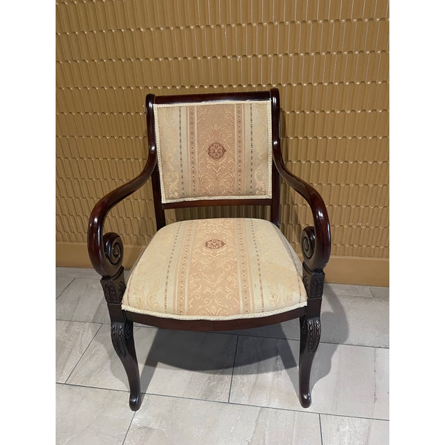 Beige Late 20th Century Empire Revival Faiteuil Carved Mahogany & Brocade Armchair For Sale - Image 8 of 11