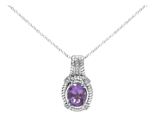 .925 Sterling Silver 9x7mm Oval Purple Amethyst and Round Diamond Accent Fashion Drop Pendant 18 Inch Necklace (I-J Color, I1-I2 Clarity)