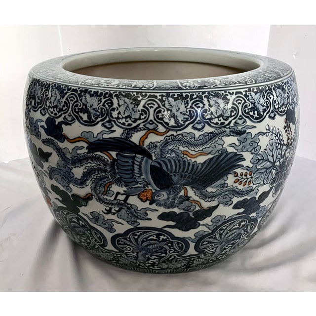 Large 20" Vintage Japanese Blue & White Porcelain Phoenix Jardinière - Signed For Sale - Image 10 of 18