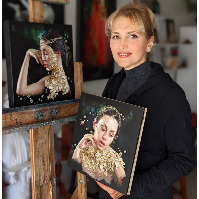 Contemporary Resplendent by Alexandra Manukyan | Oil on Belgian Linen Portrait of a woman with gold accents. For Sale - Image 3 of 4
