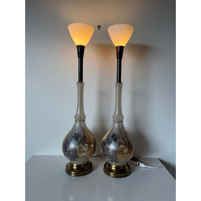 1960s 1960s Tall Hollywood Regency Reverse Painted Glass Table Lamps With Brass Bases - a Pair For Sale - Image 5 of 12