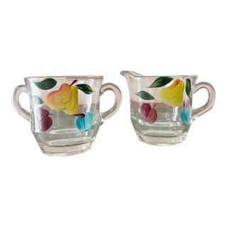 Mid 20 Century Bartlett Collins Gay Fad Creamer and Sugar Bowl Set Hand Painted Glassware For Sale