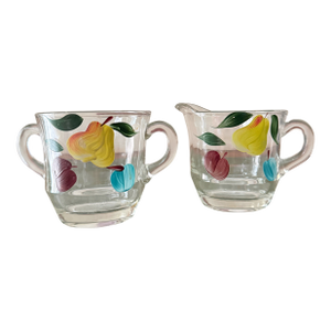 Mid 20 Century Bartlett Collins Gay Fad Creamer and Sugar Bowl Set Hand Painted Glassware