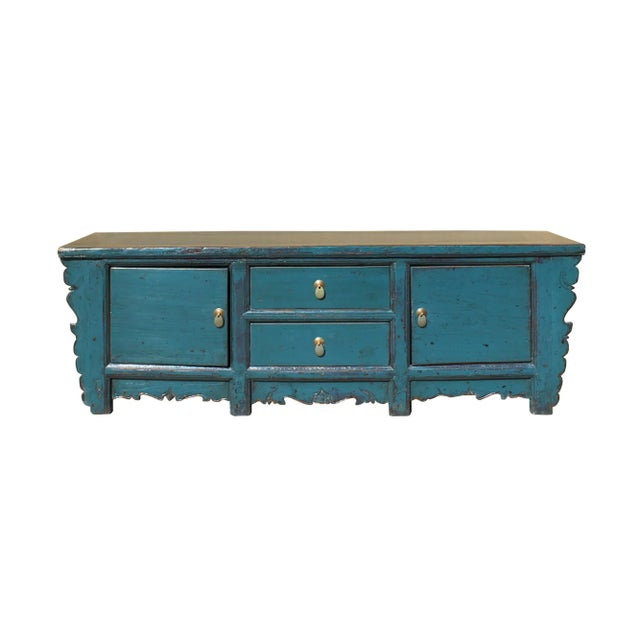Rustic Oriental Distressed Rustic Teal Blue Lacquer Low Console Table Cabinet For Sale - Image 3 of 8