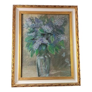 Pastel Floral Painting of Lilacs in Purple Green Gold & White Frame 17" X 14" For Sale