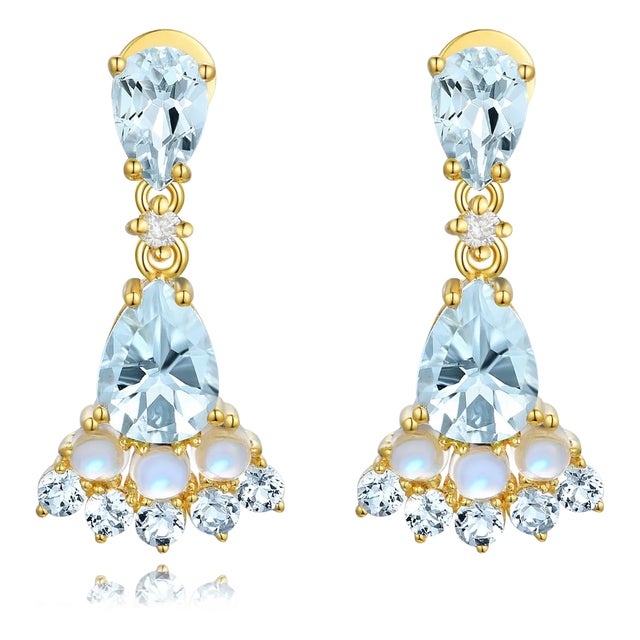 Nina Zhou Aquamarine Moonstone Diamond Earrings in 14k Yellow Gold - a Pair For Sale