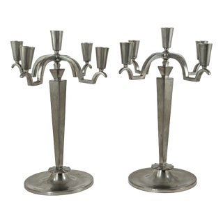 Art Deco Pewter Five-Light Candelabra by Celestine Andersson, 1920, Set of 2 For Sale