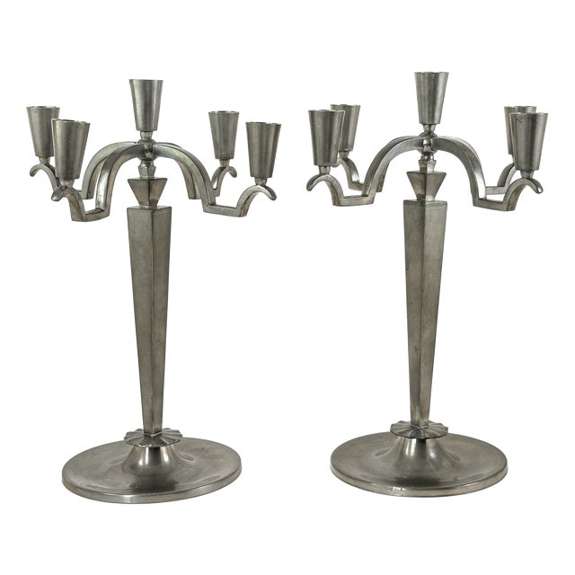 Art Deco Pewter Five-Light Candelabra by Celestine Andersson, 1920, Set of 2 For Sale