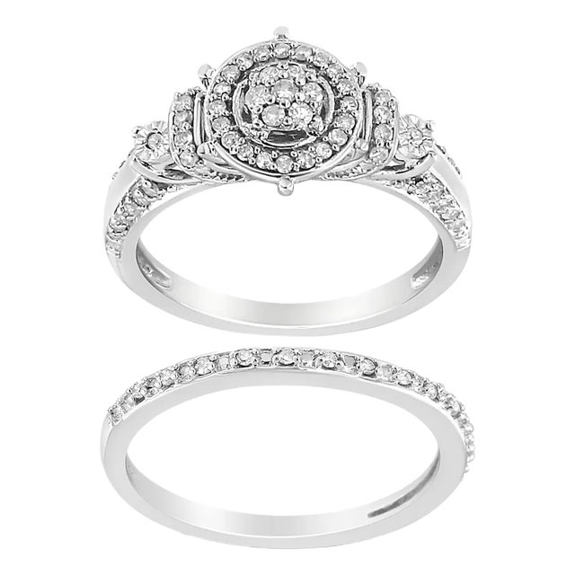 .925 Sterling Silver 1/3 Cttw Diamond 7 Stone Cluster and Halo Engagement Ring and Wedding Band Set For Sale