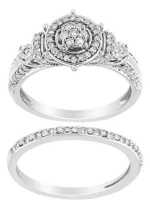 .925 Sterling Silver 1/3 Cttw Diamond 7 Stone Cluster and Halo Engagement Ring and Wedding Band Set