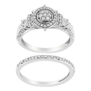 .925 Sterling Silver 1/3 Cttw Diamond 7 Stone Cluster and Halo Engagement Ring and Wedding Band Set - Size 9 For Sale