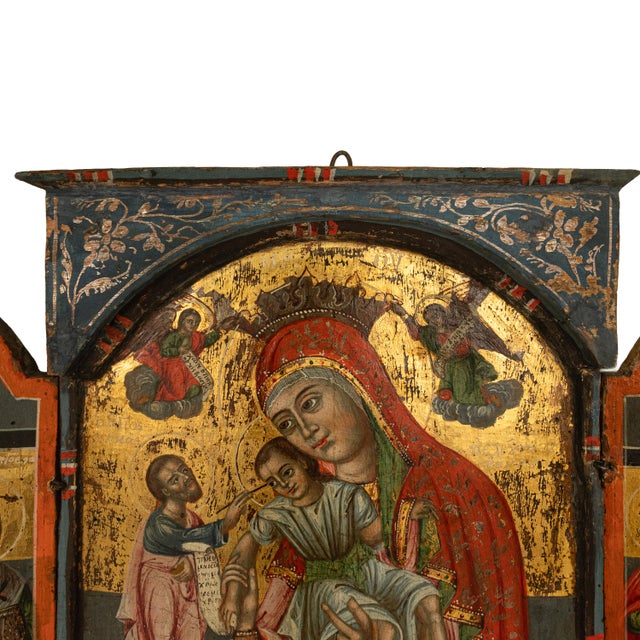 Paint Antique 18thC Greek Orthodox Triptych Icon Virgin Mary & Saints Egg Tempera 1700 For Sale - Image 7 of 18