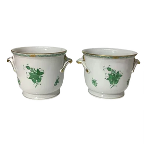 Large Chinese Bouquet Apponyi Green Porcelain Cache Pots from Herend Hungary, Set of 2
