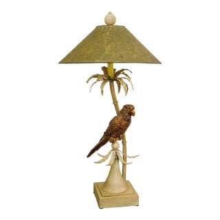 Vintage 1970’s Palm Beach, Hollywood Regency, Safari Bronzed Macaw Parrot Perched in a Tole Painted Tropical Palm Tree Table Lamp With Matching Shade For Sale