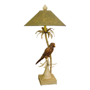 Vintage 1970’s Palm Beach, Hollywood Regency, Safari Bronzed Macaw Parrot Perched in a Tole Painted Tropical Palm Tree Table Lamp With Matching Shade