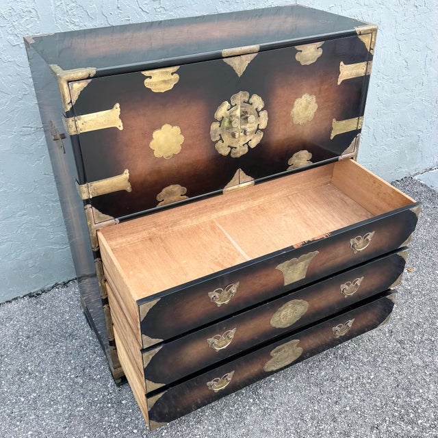 Chinese Vintage Chinese Burlwood and Brass Highboy Dresser For Sale - Image 3 of 10