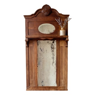 Antique French Provincial Carved Oak Hall Mirror with Beveled Glass and Shelf, 1890 For Sale