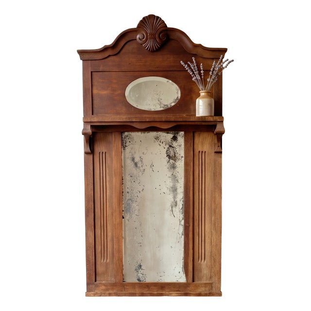Antique French Provincial Carved Oak Hall Mirror with Beveled Glass and Shelf, 1890 For Sale